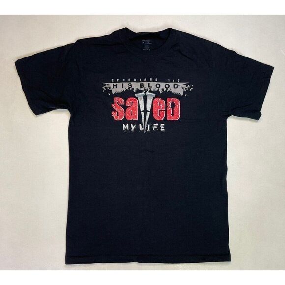 Port & Company Other - His Blood Saved My Life Graphic T-shirt Men Medium Black God Jesus Religion